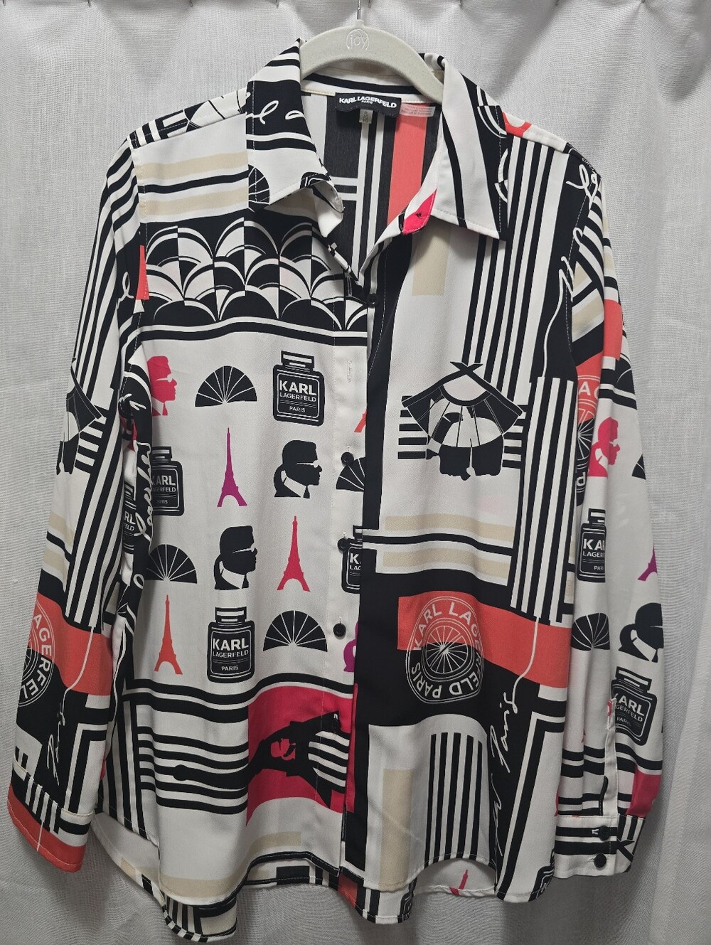 Karl Lagerfeld Black, White & Coral Graphic Button-Down Shirt
